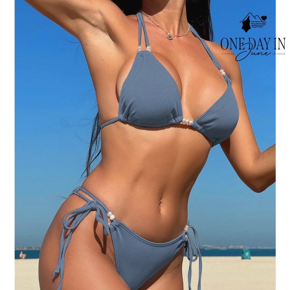 Tashehe Adjustable Triangle Ribbed Tie Side Bikini Swimsuit Size M